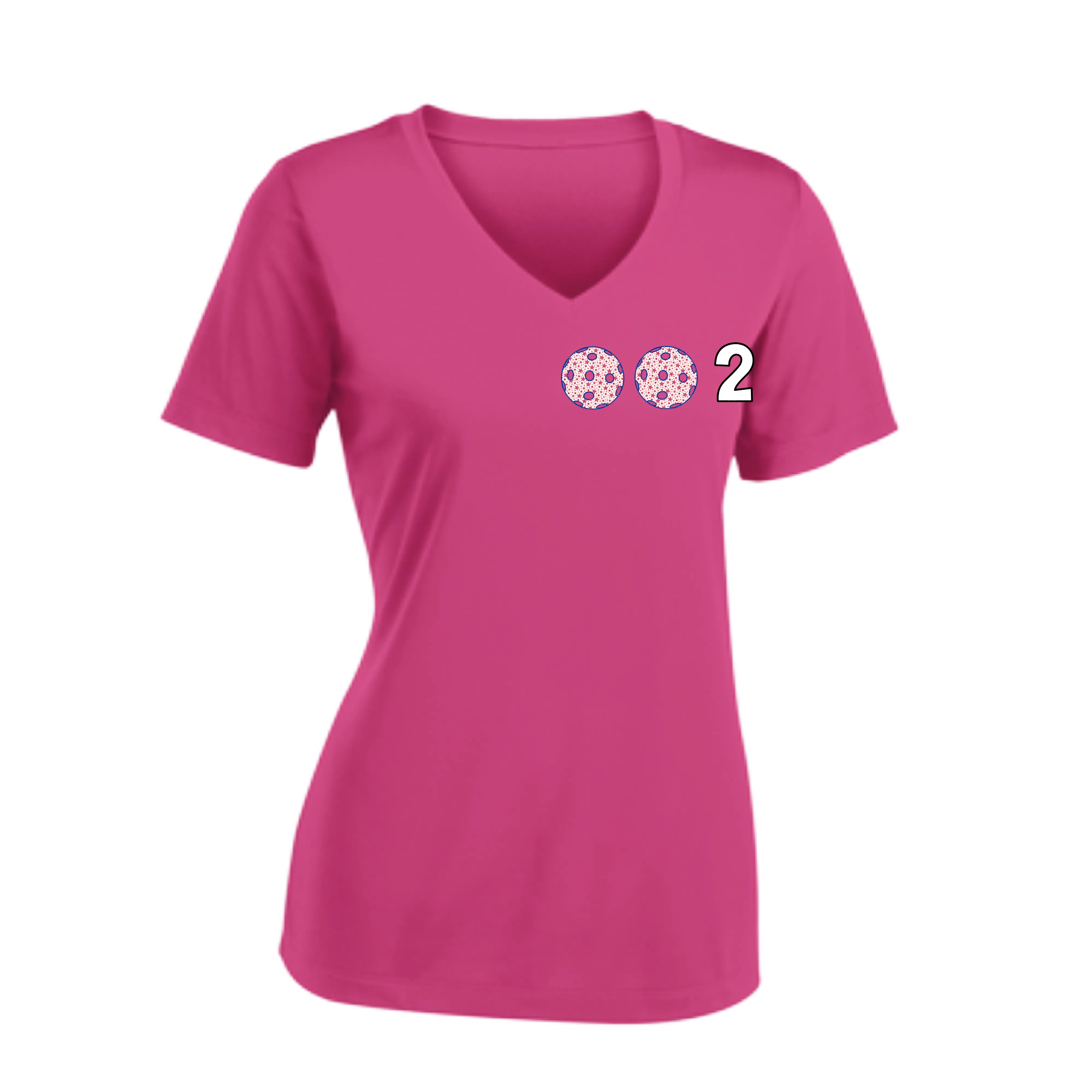 002 With Pickleballs (Colors Yellow Pink White) Customizable | Women's Short Sleeve V-Neck Pickleball Shirts | 100% Polyester