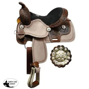 12" Double T youth saddle with floral tooled pommel, cantle, and skirt.