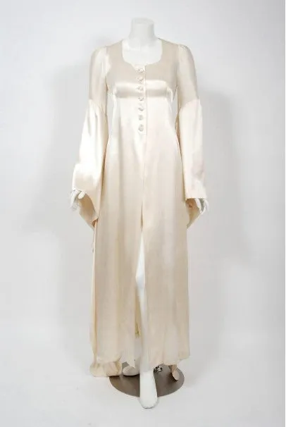 1970 Biba Creme Satin Medieval Wizard Sleeve Button Down Full-Length Jacket Gown