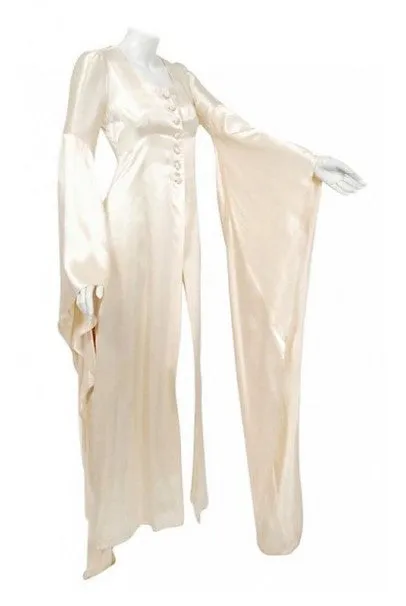 1970 Biba Creme Satin Medieval Wizard Sleeve Button Down Full-Length Jacket Gown