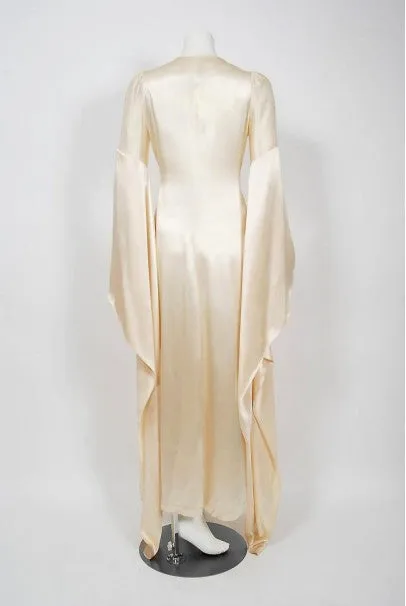 1970 Biba Creme Satin Medieval Wizard Sleeve Button Down Full-Length Jacket Gown