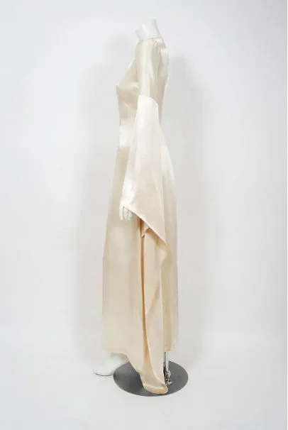 1970 Biba Creme Satin Medieval Wizard Sleeve Button Down Full-Length Jacket Gown