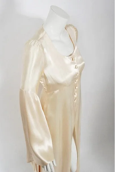 1970 Biba Creme Satin Medieval Wizard Sleeve Button Down Full-Length Jacket Gown