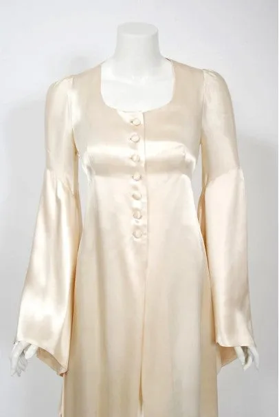 1970 Biba Creme Satin Medieval Wizard Sleeve Button Down Full-Length Jacket Gown