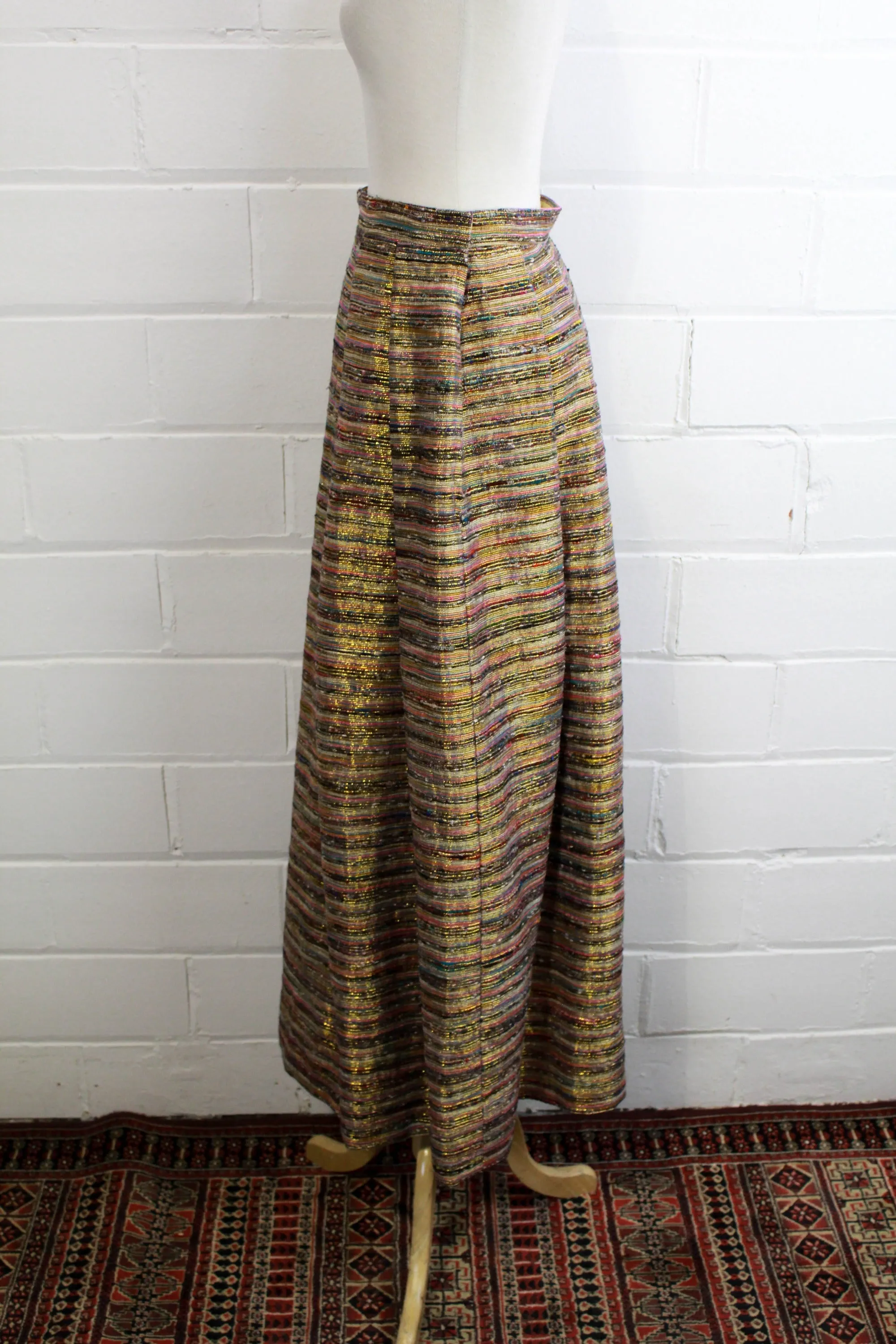 1970s Metallic Gold & Pink Striped Maxi Skirt, Waist 28"