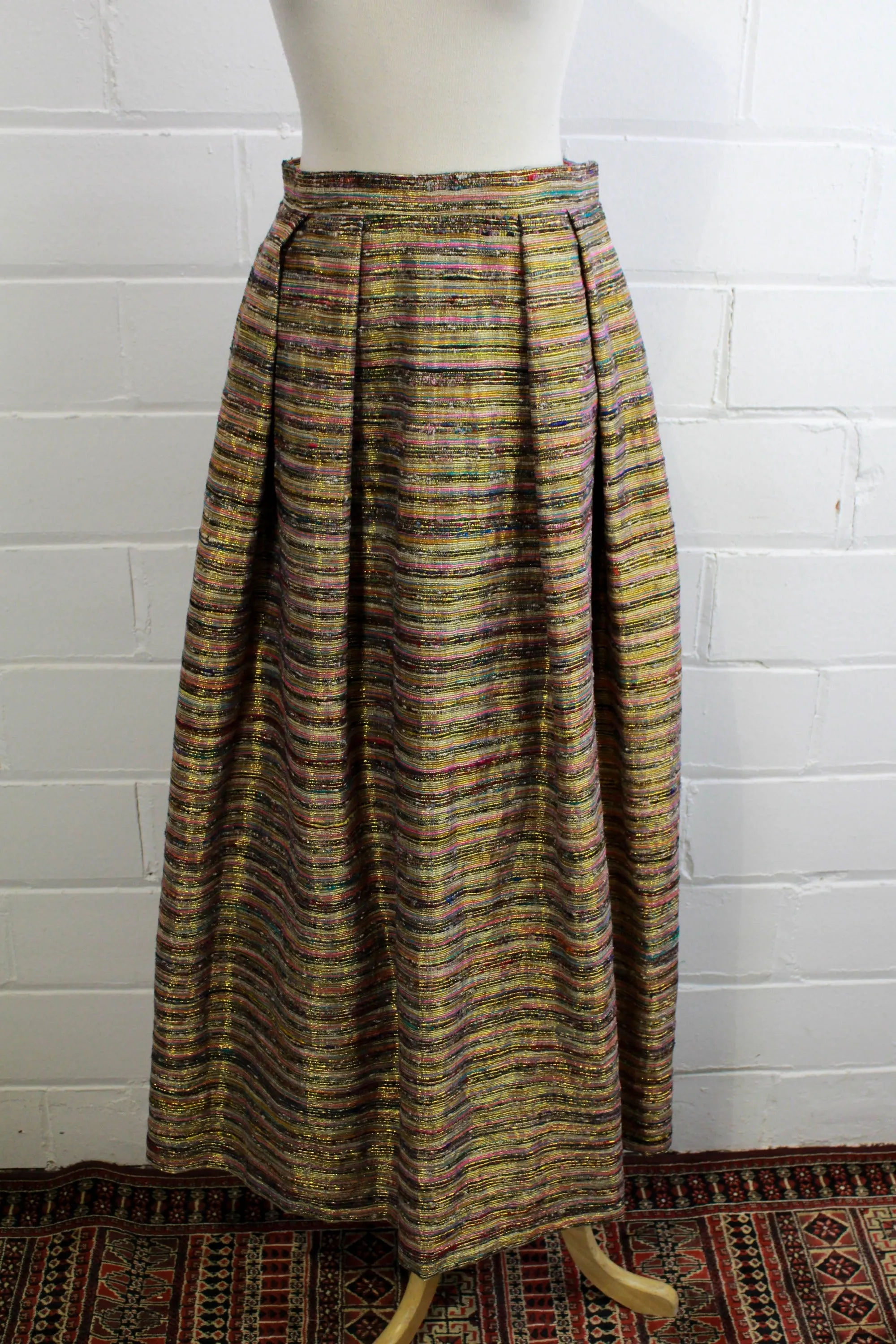 1970s Metallic Gold & Pink Striped Maxi Skirt, Waist 28"