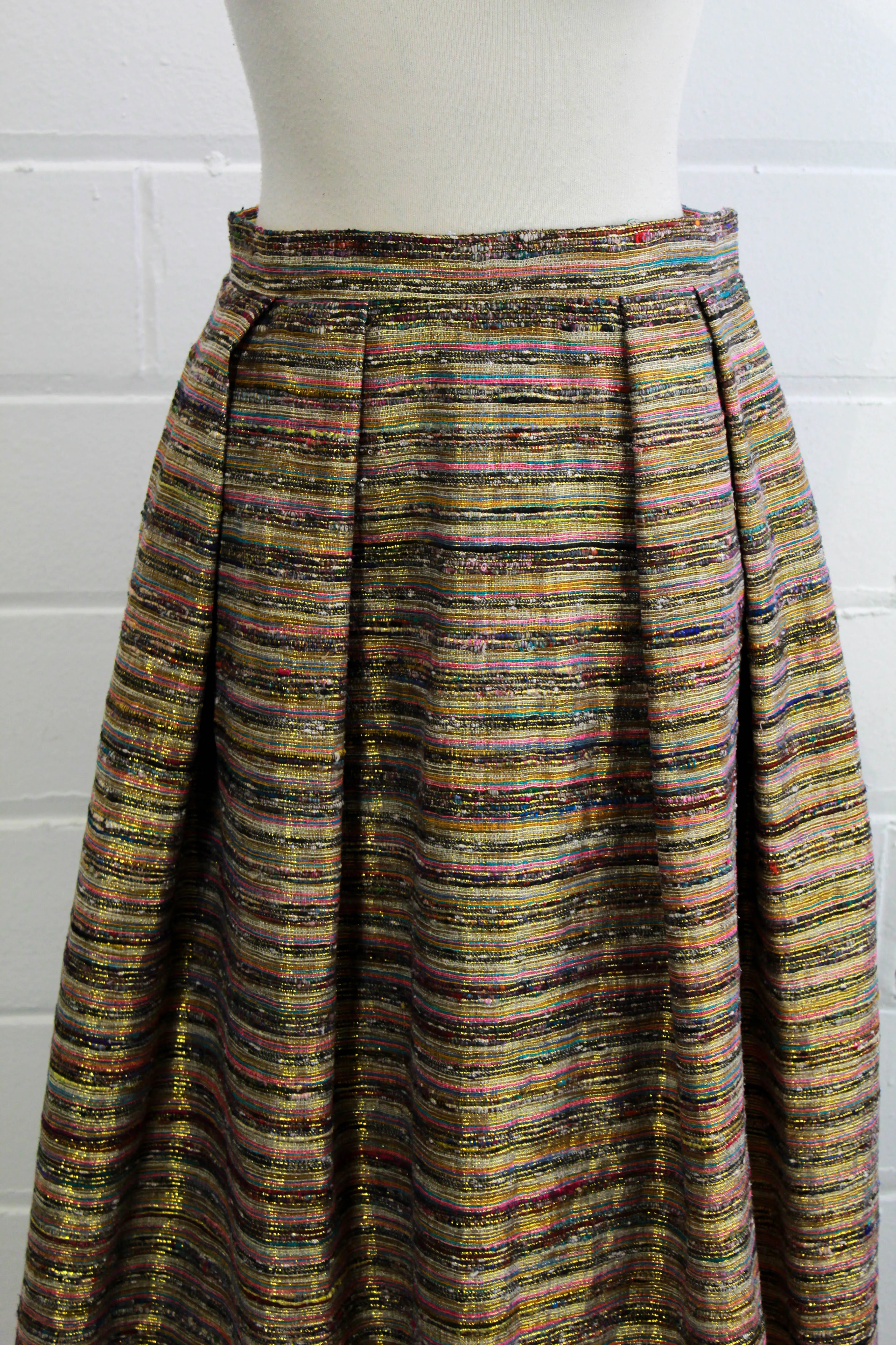 1970s Metallic Gold & Pink Striped Maxi Skirt, Waist 28"