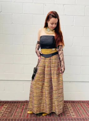 1970s Metallic Gold & Pink Striped Maxi Skirt, Waist 28"