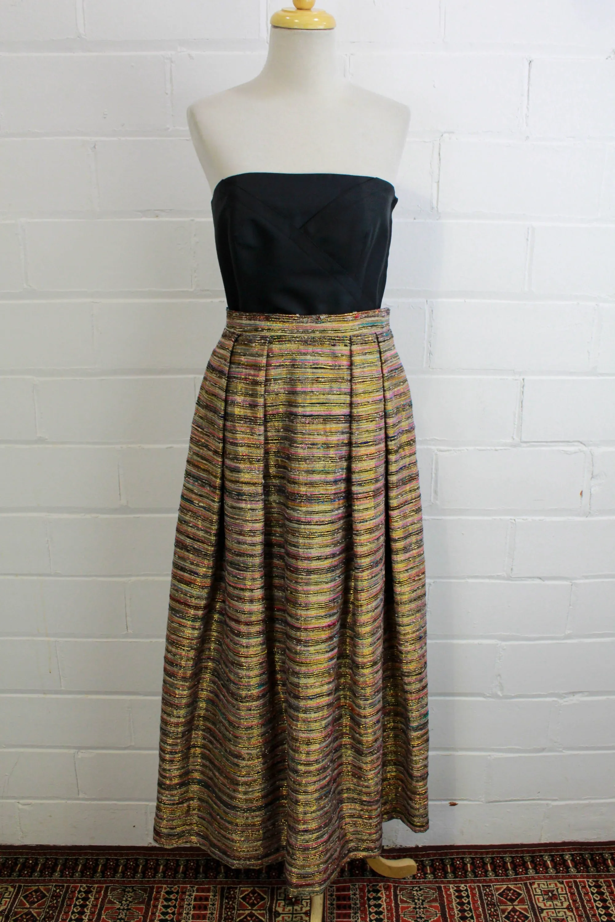 1970s Metallic Gold & Pink Striped Maxi Skirt, Waist 28"