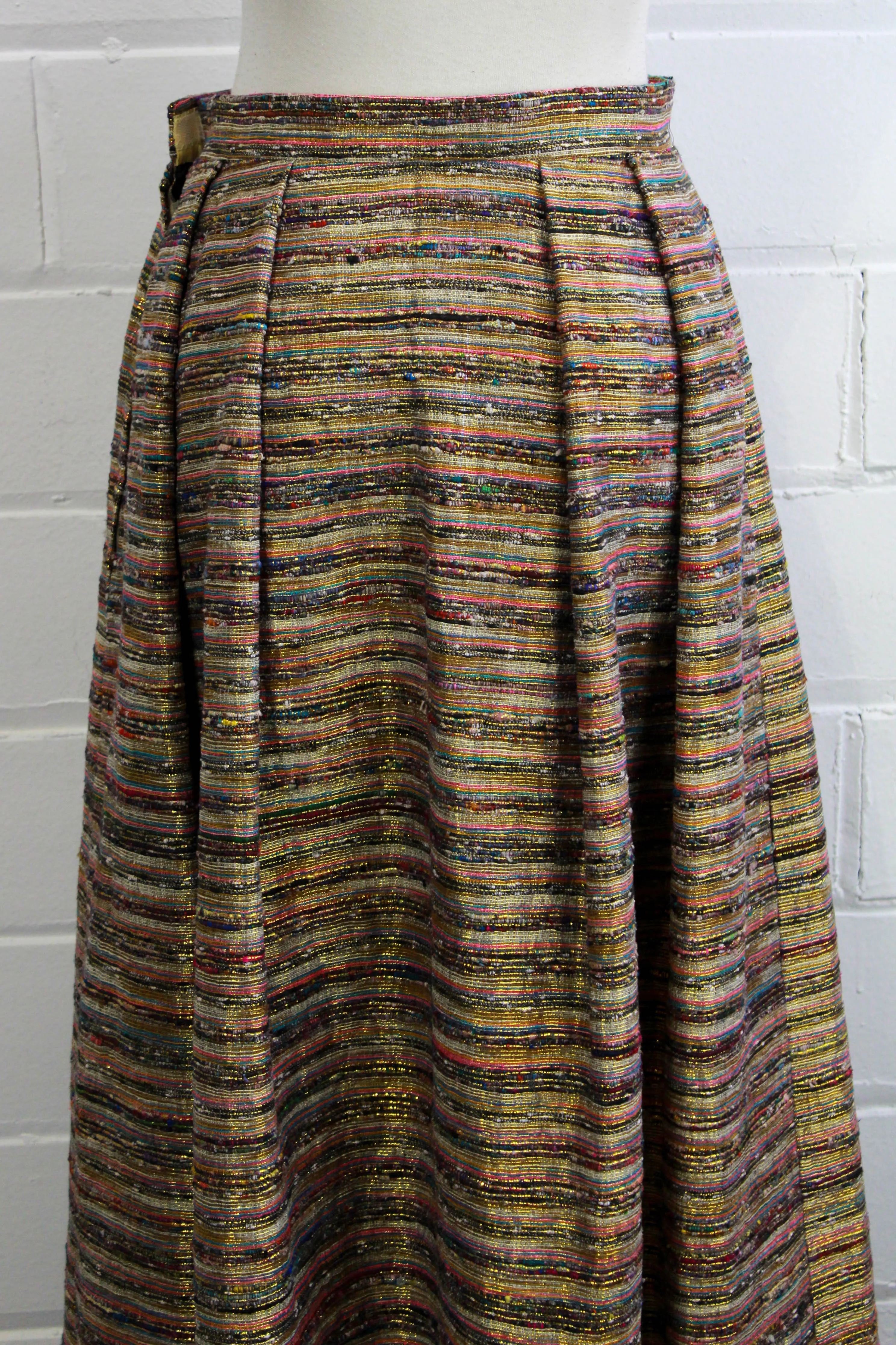 1970s Metallic Gold & Pink Striped Maxi Skirt, Waist 28"