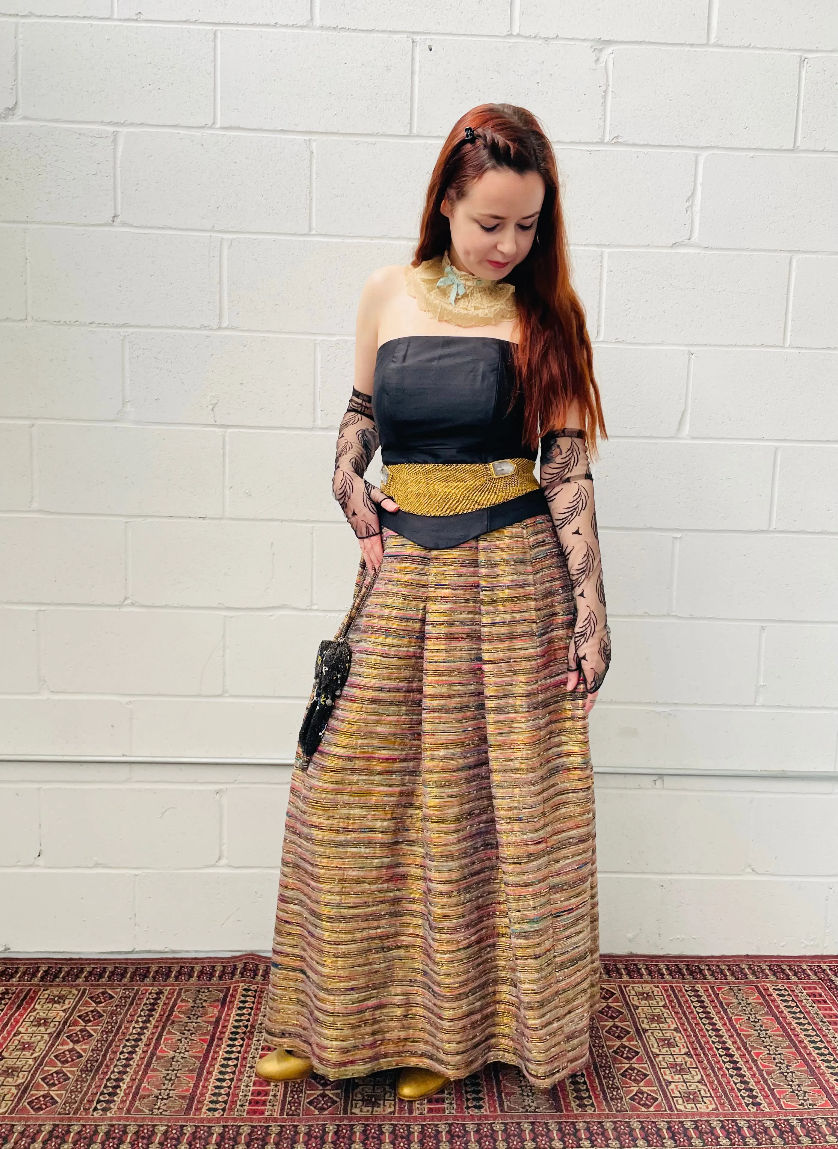 1970s Metallic Gold & Pink Striped Maxi Skirt, Waist 28"