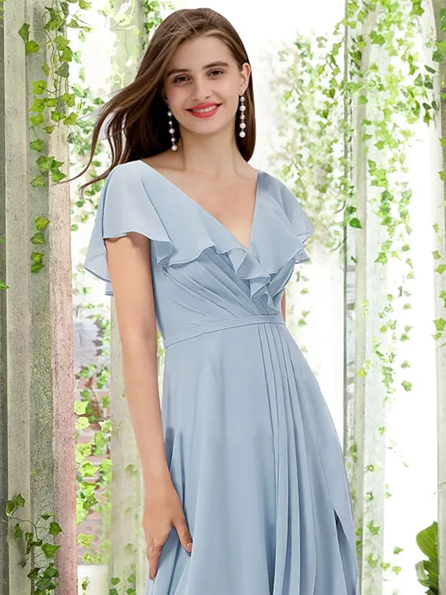 A-Line Bridesmaid Dress V Neck Short Sleeve Elegant Floor Length Chiffon with Pleats   Ruffles   Split Front