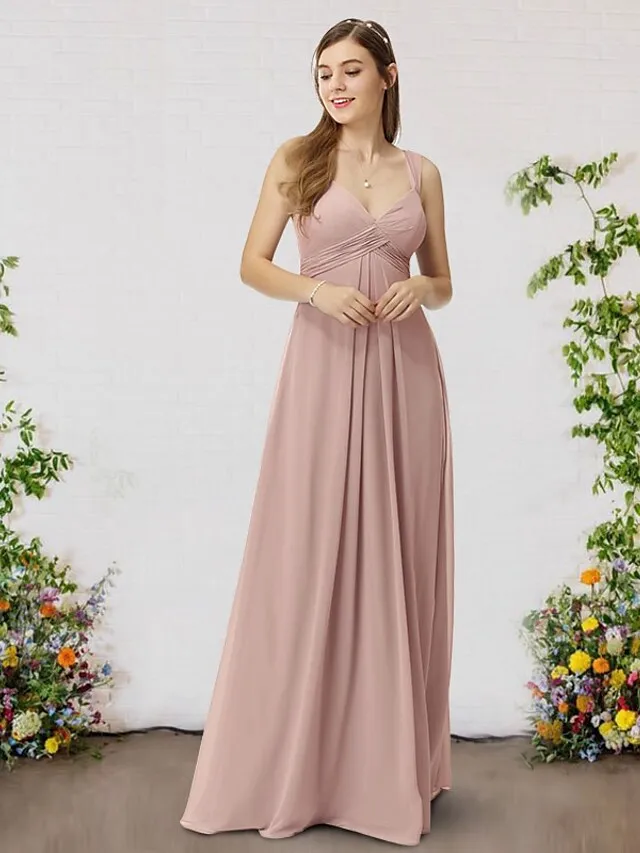 A-Line Bridesmaid Dress V Neck Sleeveless Elegant Floor Length Chiffon with Pleats