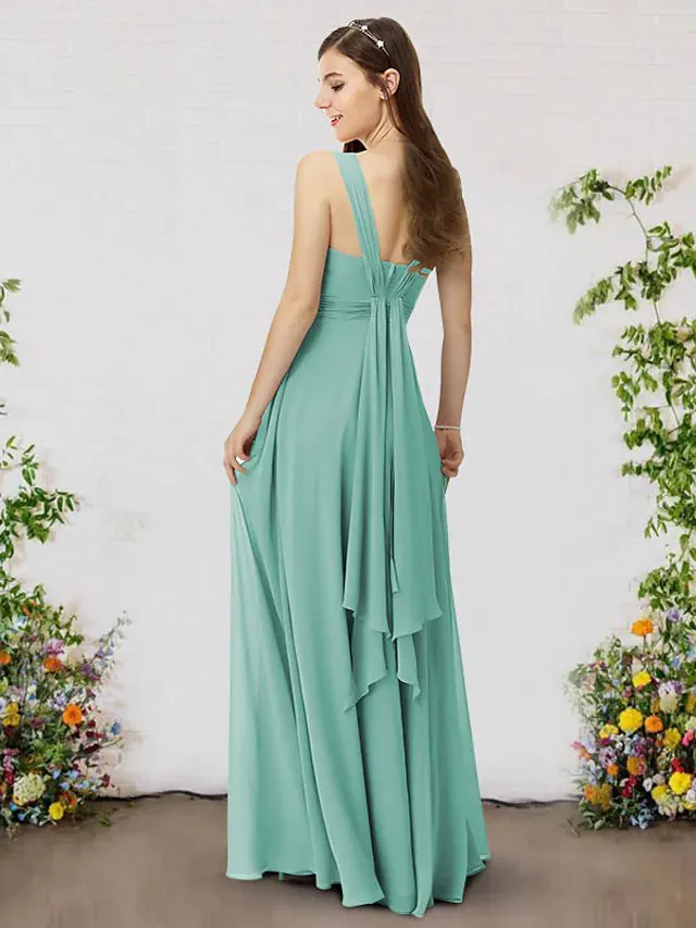 A-Line Bridesmaid Dress V Neck Sleeveless Elegant Floor Length Chiffon with Pleats