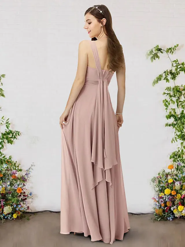 A-Line Bridesmaid Dress V Neck Sleeveless Elegant Floor Length Chiffon with Pleats