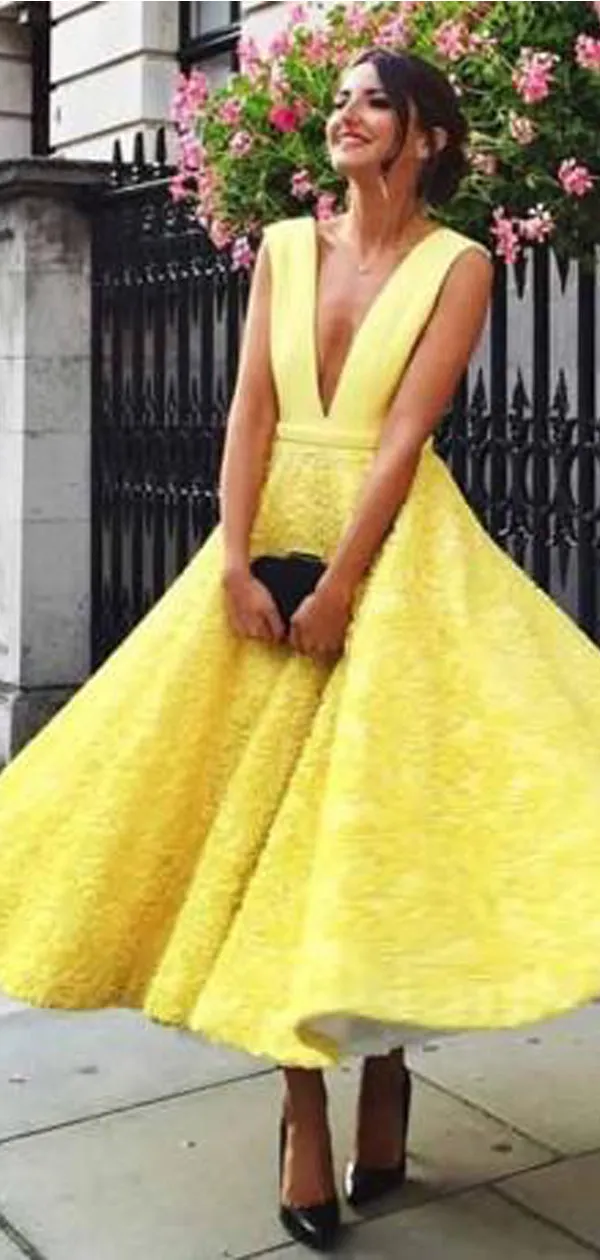 A-Line Deep V-Neck Sleeveless Ankle-Length Yellow Lace Prom Dresses, TYP1277