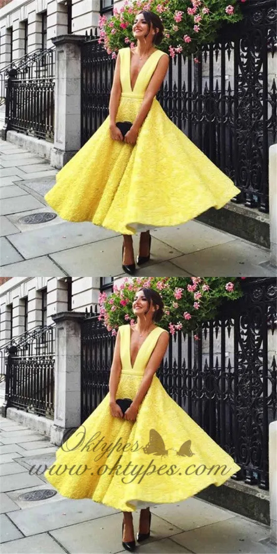 A-Line Deep V-Neck Sleeveless Ankle-Length Yellow Lace Prom Dresses, TYP1277