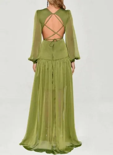 A-Line Evening Gown Elegant Floor Length Long Sleeve V Neck Chiffon Crisscross Back with Criss Cross Ruffles