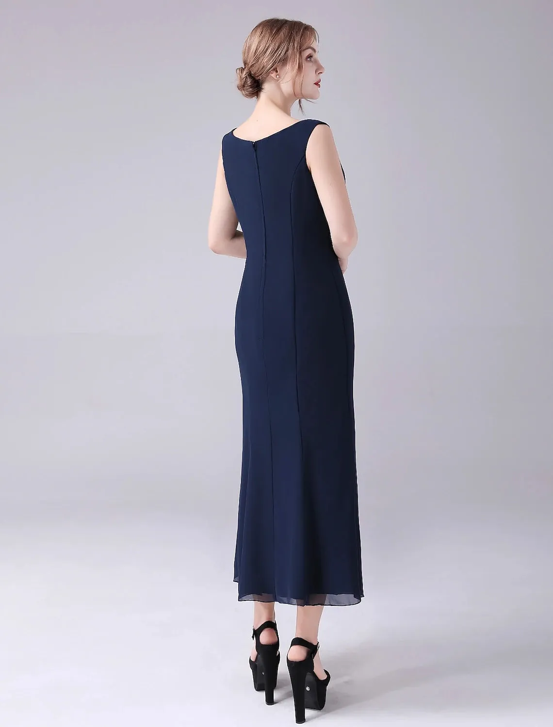 A-Line Mother of the Bride Dress Elegant Sweet Jewel Neck Ankle Length Chiffon Sleeveless with Beading