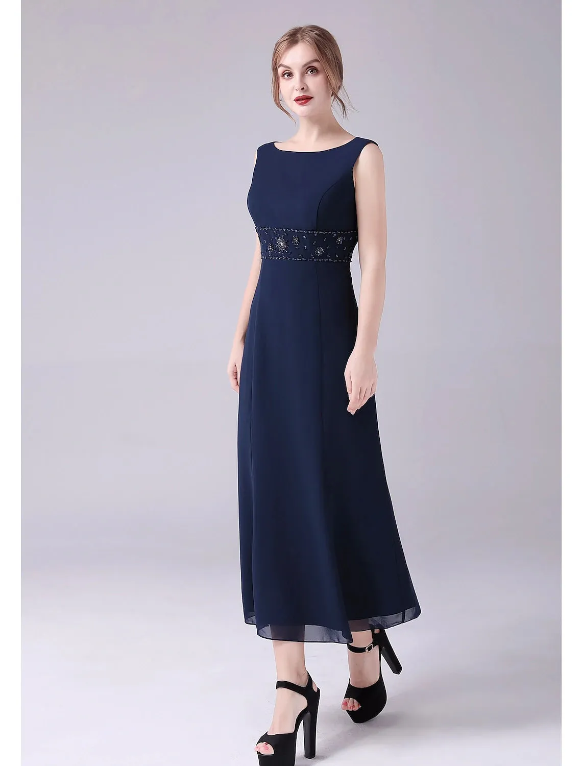 A-Line Mother of the Bride Dress Elegant Sweet Jewel Neck Ankle Length Chiffon Sleeveless with Beading