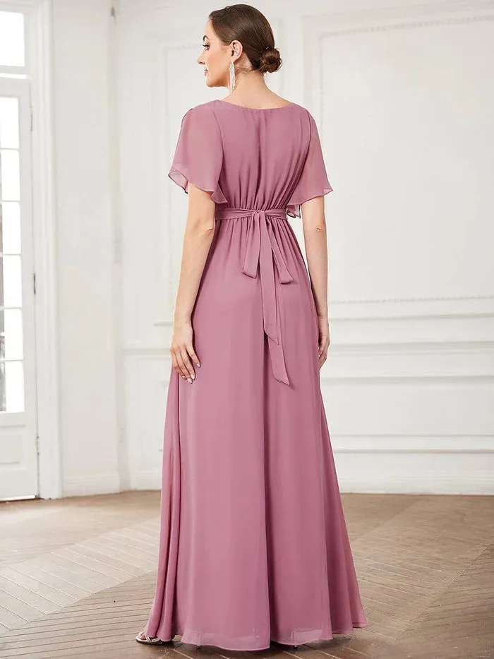 A-Line Pleated Chiffon Tie-Waist Evening Dress