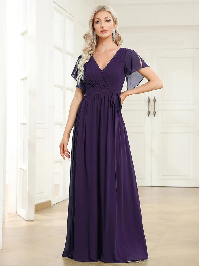 A-Line Pleated Chiffon Tie-Waist Evening Dress