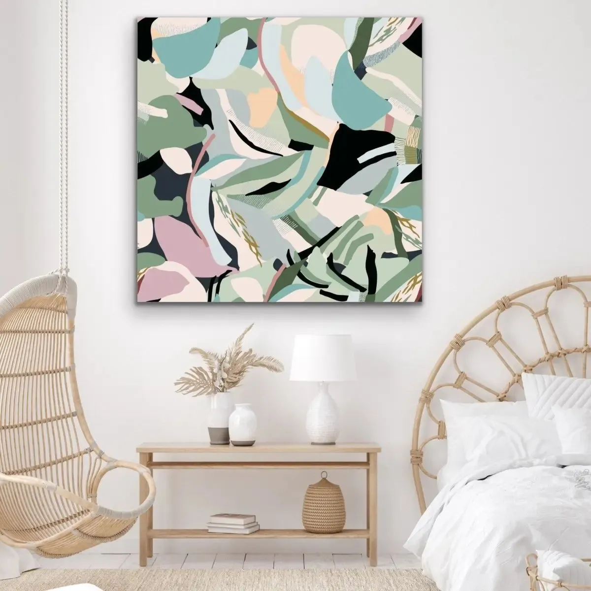 A Wild Place - Flat Geometric Nature Green Pink Boho Canvas Art Print - Nature Wall Art