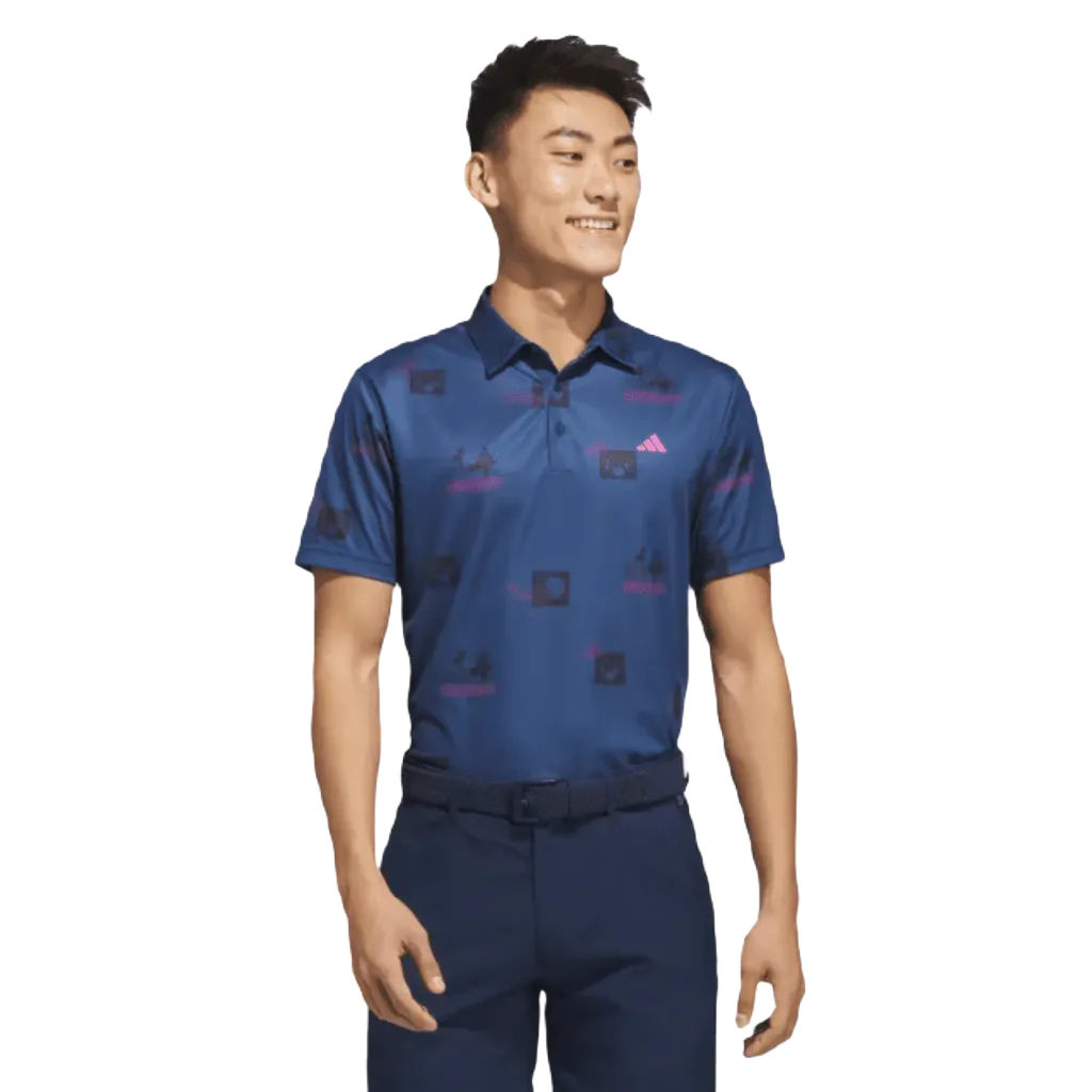 Adidas Allover-Print Golf Polo Shirt - Navy