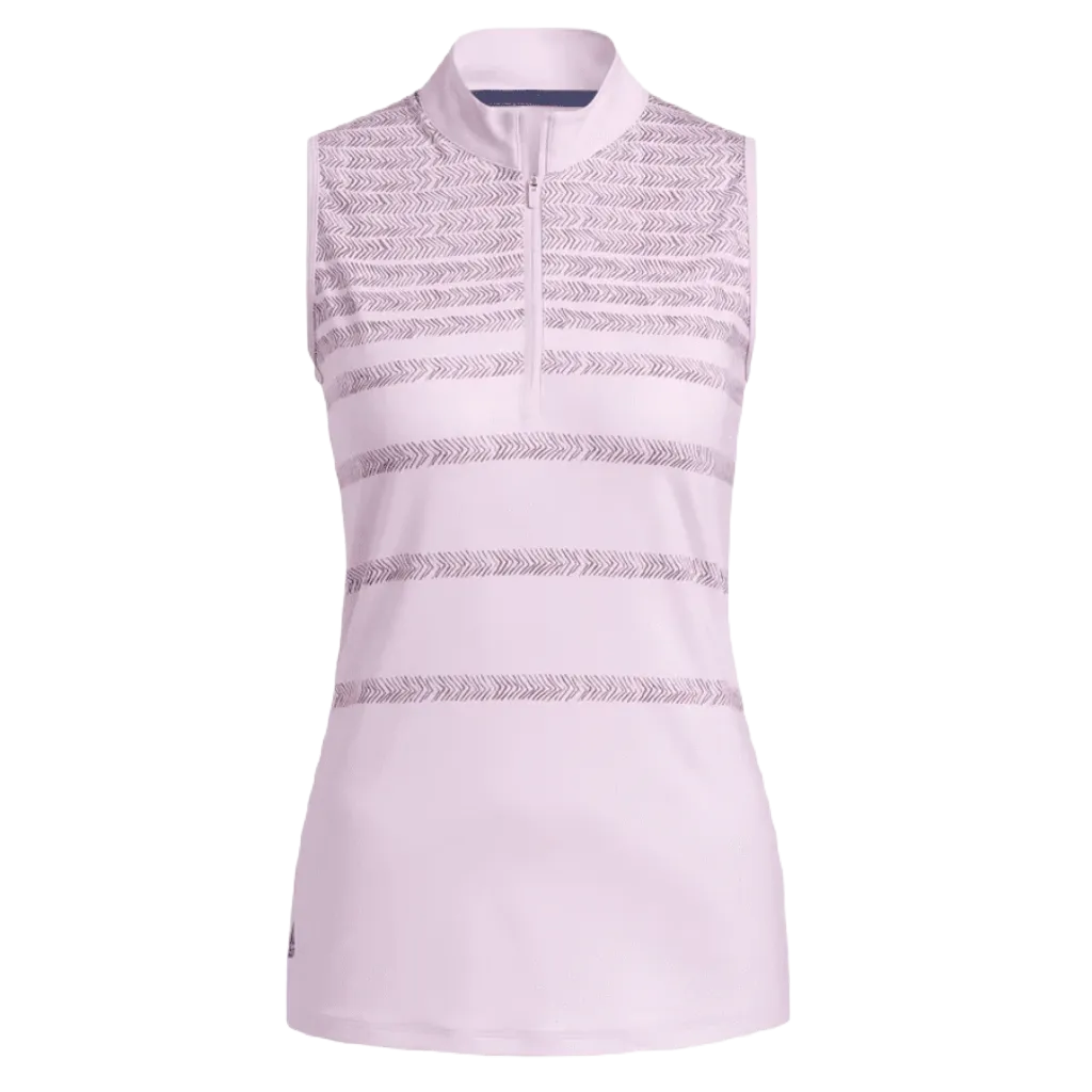 Adidas Ladies Herringbone Stripe Sleeveless Polo Shirt - Pink