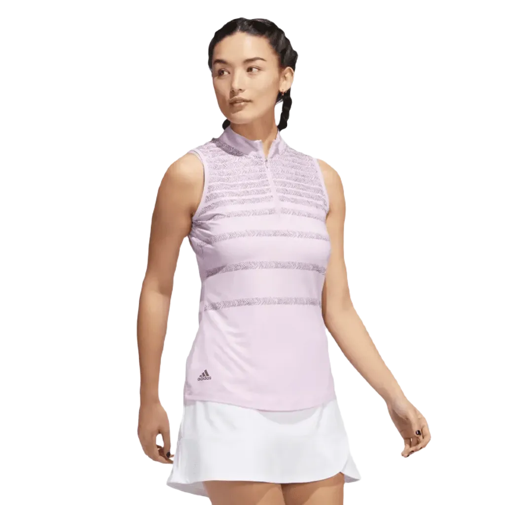 Adidas Ladies Herringbone Stripe Sleeveless Polo Shirt - Pink