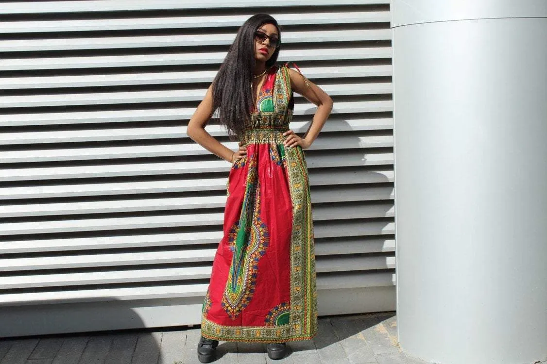 African Dress in Red Dashiki Print - Festival Dress