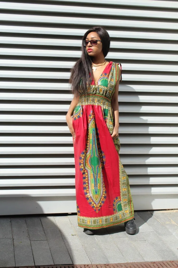 African Dress in Red Dashiki Print - Festival Dress