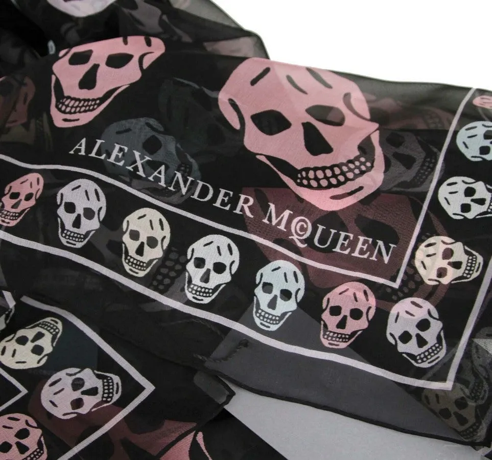 Alexander McQueen Women's Black Chiffon Silk Multiskull Box Print Shawl