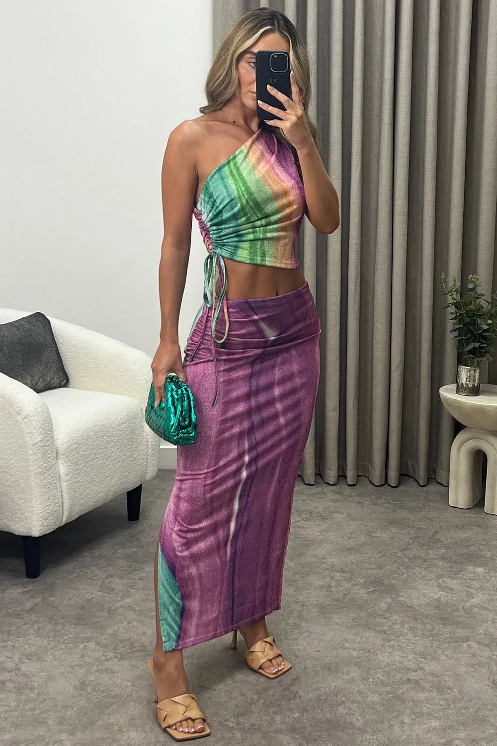 Anila Purple Multi Printed Shimmer Crop Top and Maxi Skirt Co-Ord Set