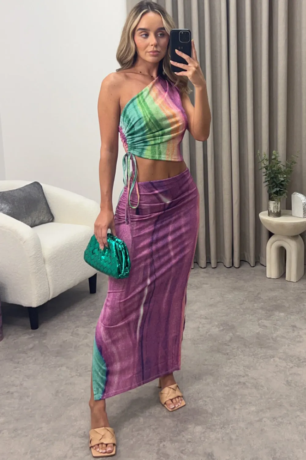 Anila Purple Multi Printed Shimmer Crop Top and Maxi Skirt Co-Ord Set