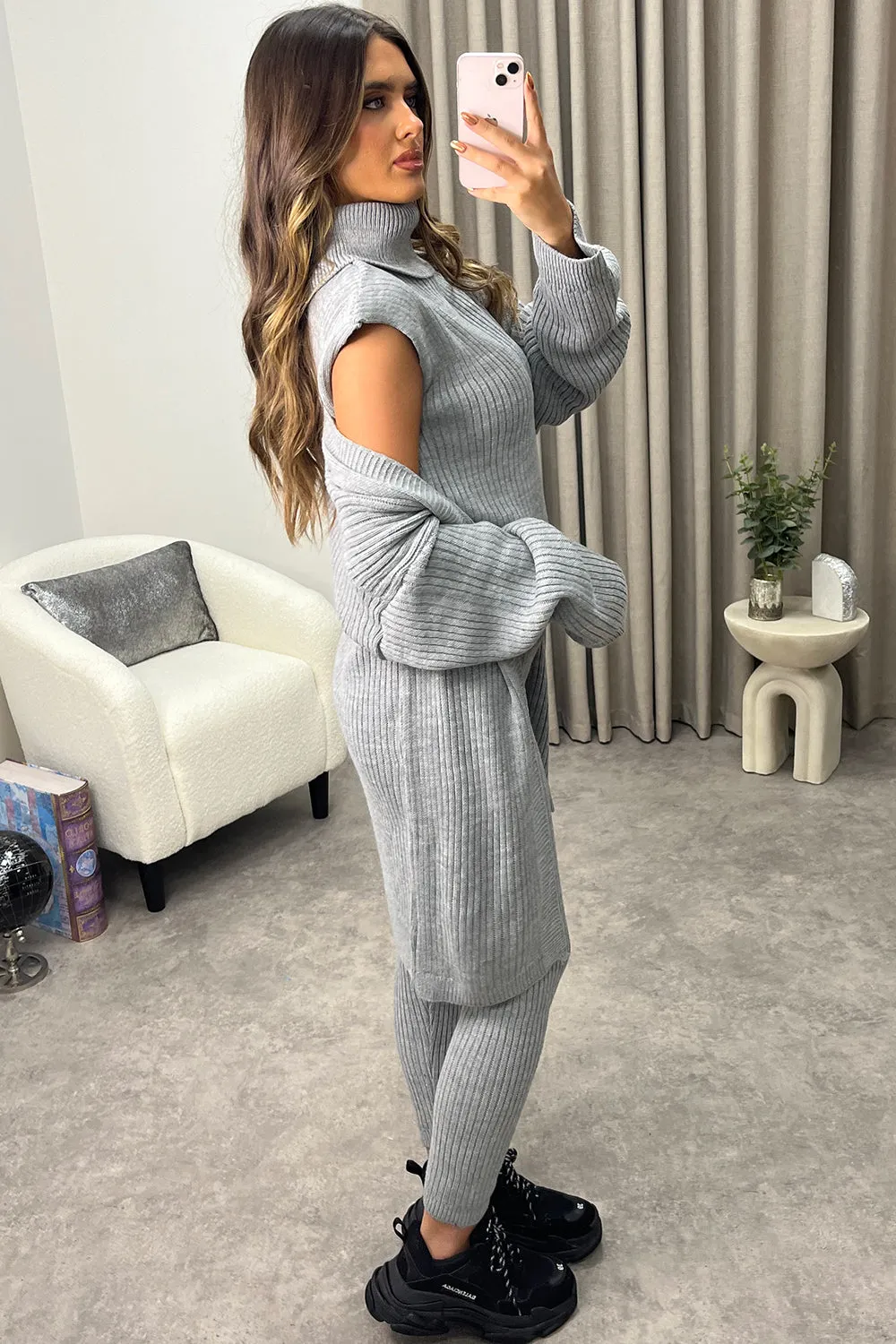 Ariannas Grey Roll Neck Knitted 3 Piece Loungewear Set