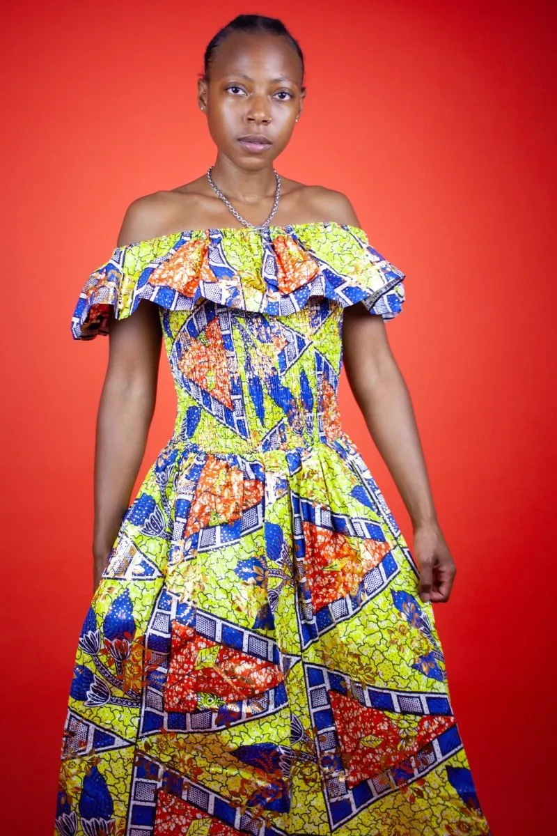 Beautiful African Midi Dress In Metallic Gold Blue