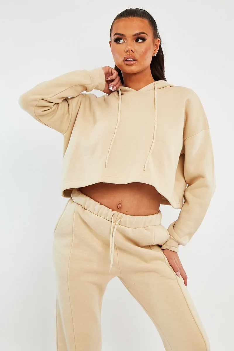 Beige Box Fit Cropped Hoodie - Neala