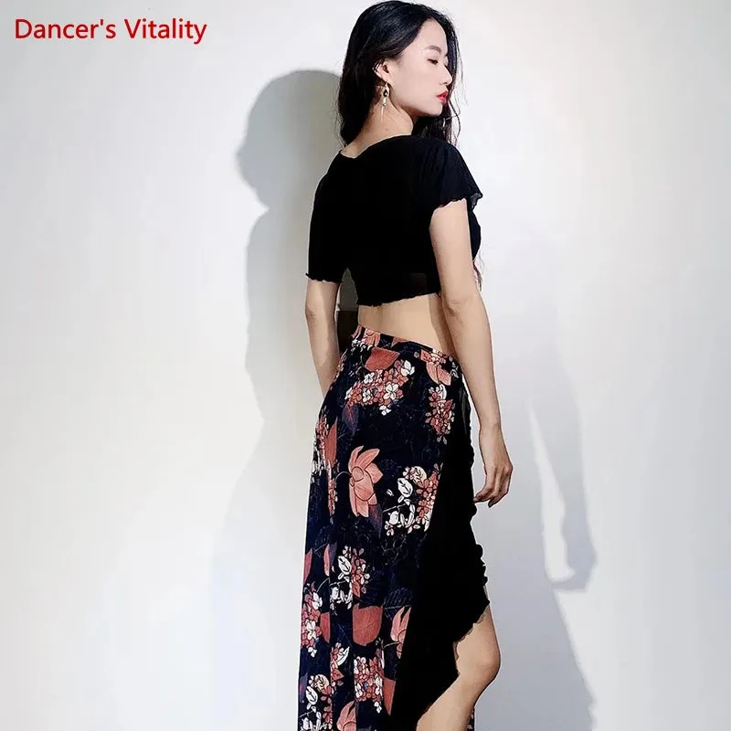 Belly Dance Practice Clothes for Women Belly Dance Suit Mesh Short Sleeves Top printing Long Skirt Female Oriental Dance Outfit