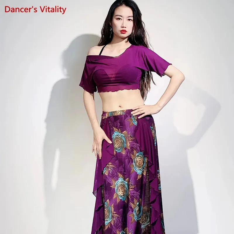 Belly Dance Practice Clothes for Women Belly Dance Suit Mesh Short Sleeves Top printing Long Skirt Female Oriental Dance Outfit