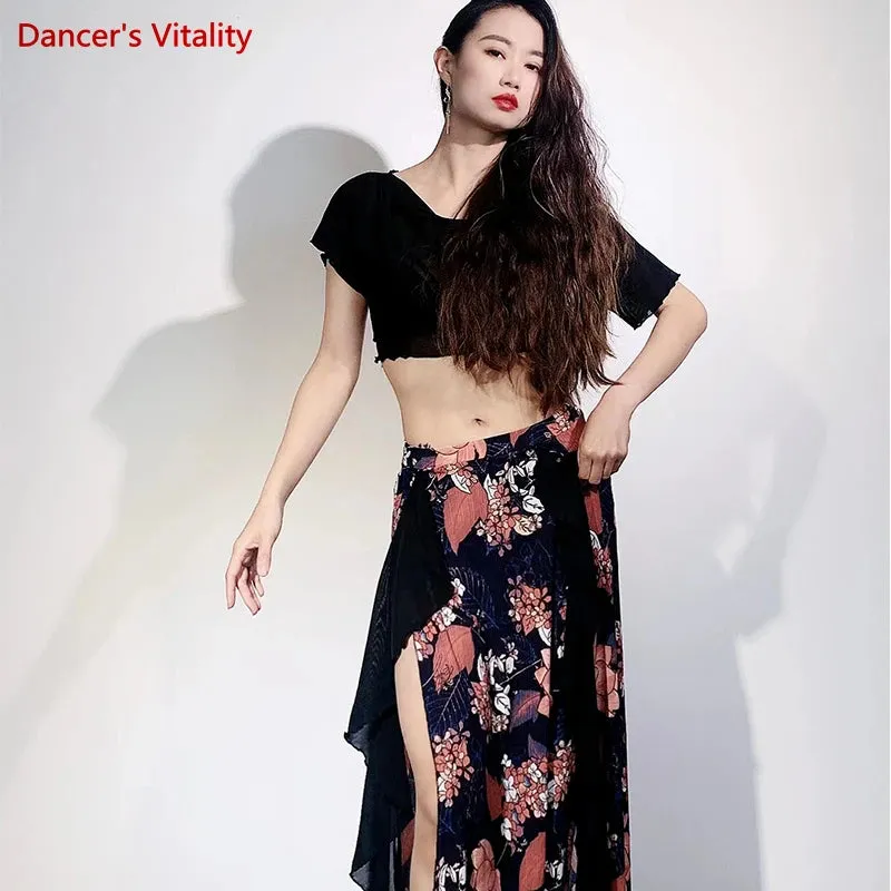 Belly Dance Practice Clothes for Women Belly Dance Suit Mesh Short Sleeves Top printing Long Skirt Female Oriental Dance Outfit