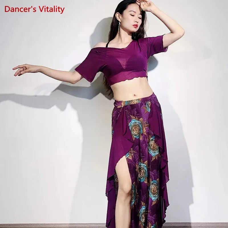 Belly Dance Practice Clothes for Women Belly Dance Suit Mesh Short Sleeves Top printing Long Skirt Female Oriental Dance Outfit