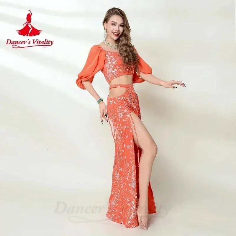 Belly Dancer Costume for Women Half Sleeves Top printing Long Skirt 2pcs Adult Oriental Belly Dancing Performance Clothing