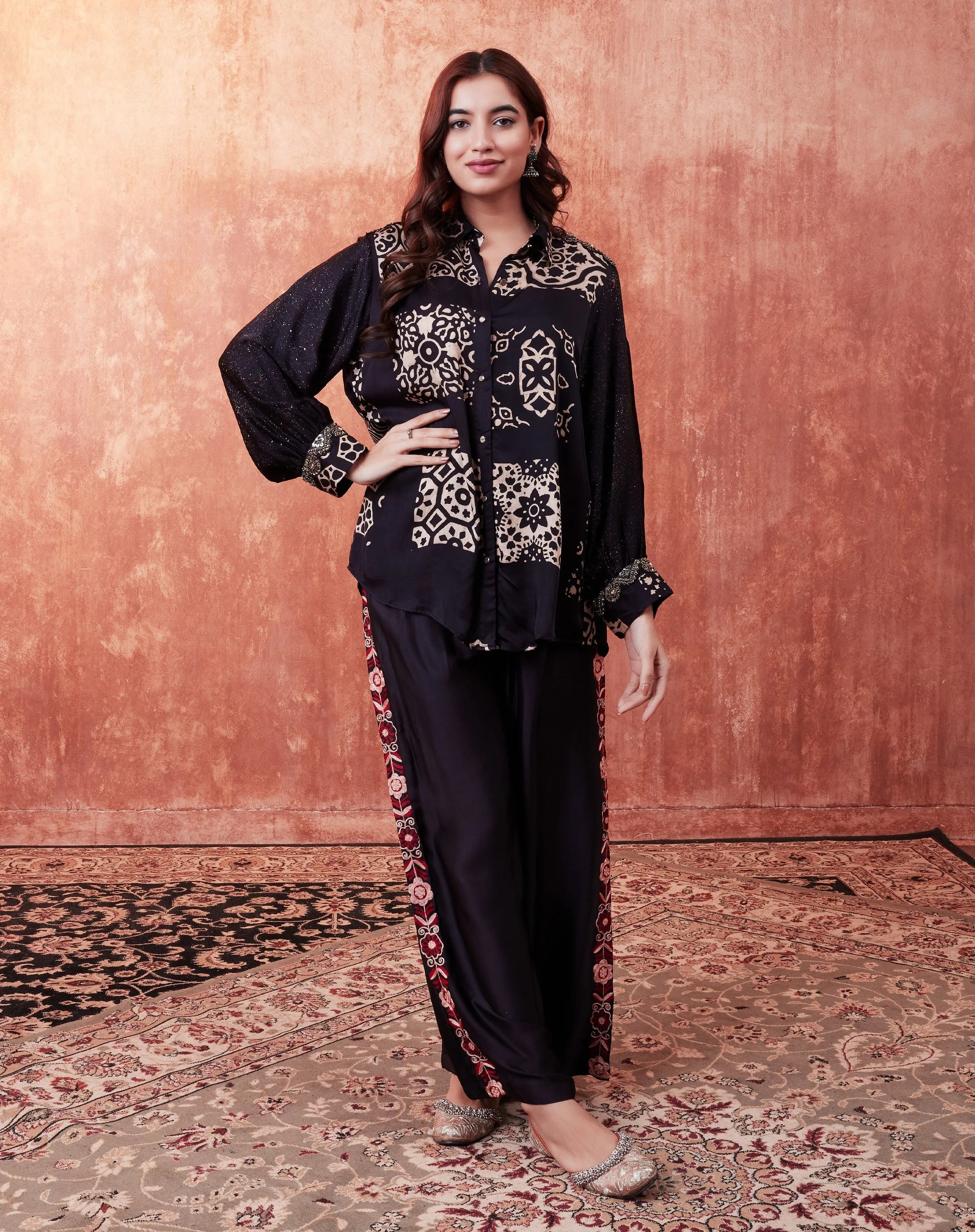 Black Ajrakh Printed Habutai Silk Co-Ord Set