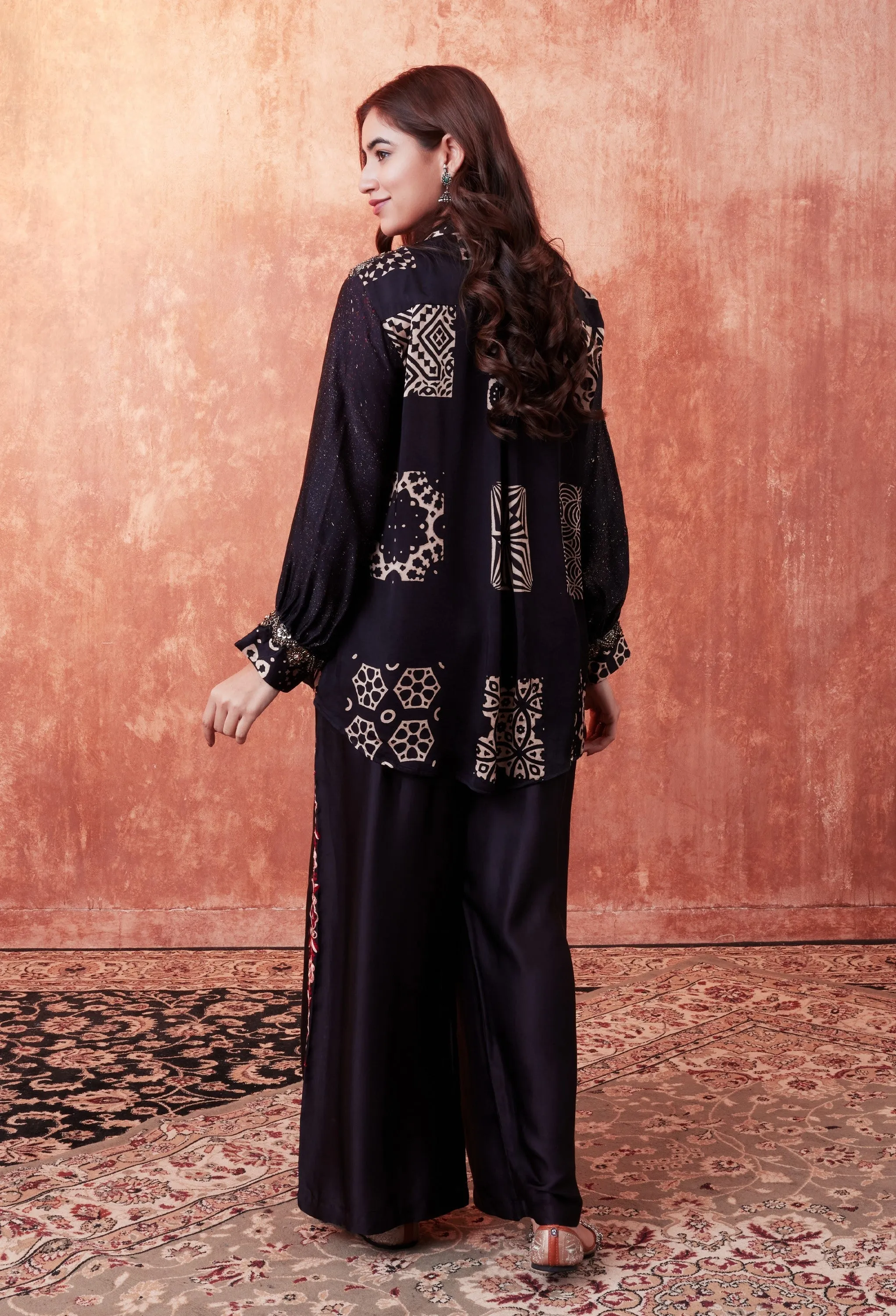 Black Ajrakh Printed Habutai Silk Co-Ord Set