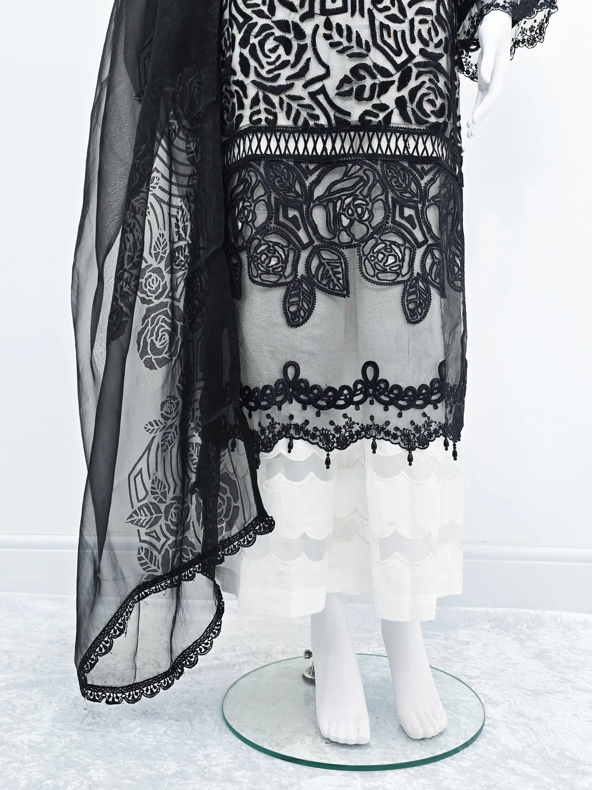 Black & White Embroidered Soft Net Suit with Palazzo