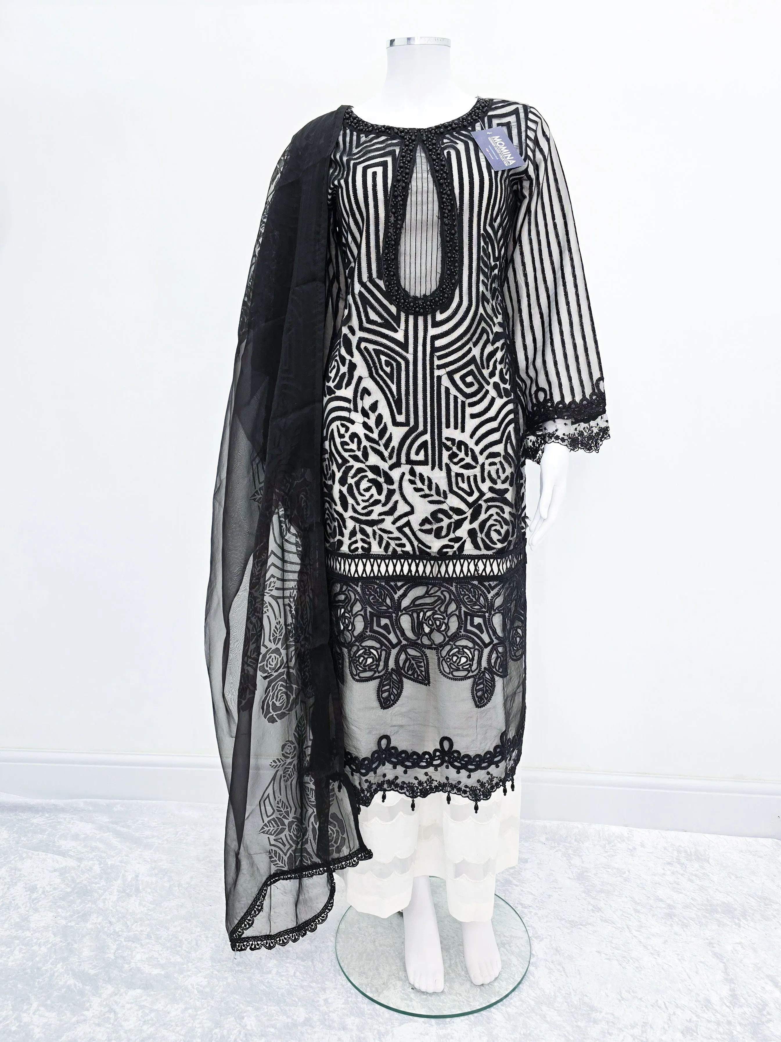 Black & White Embroidered Soft Net Suit with Palazzo