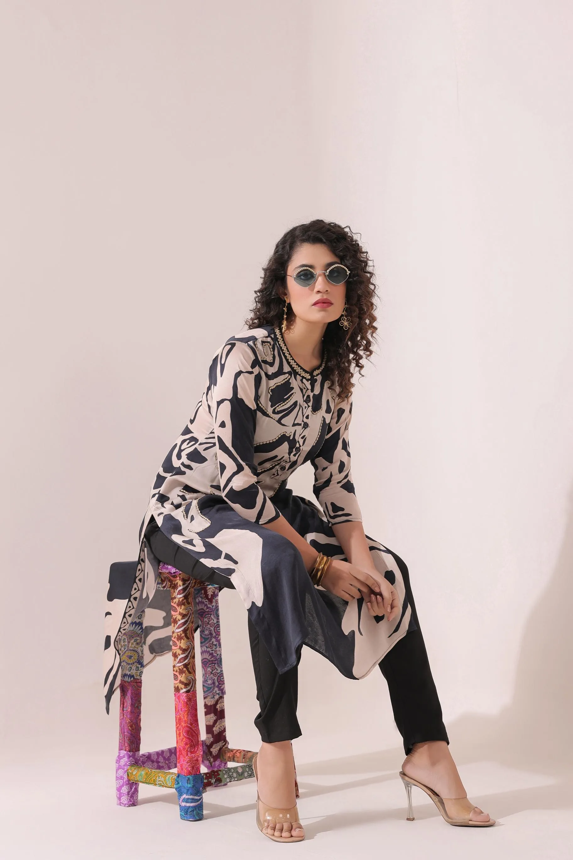 Black Digital Printed Bamberg Satin Silk Pant Set