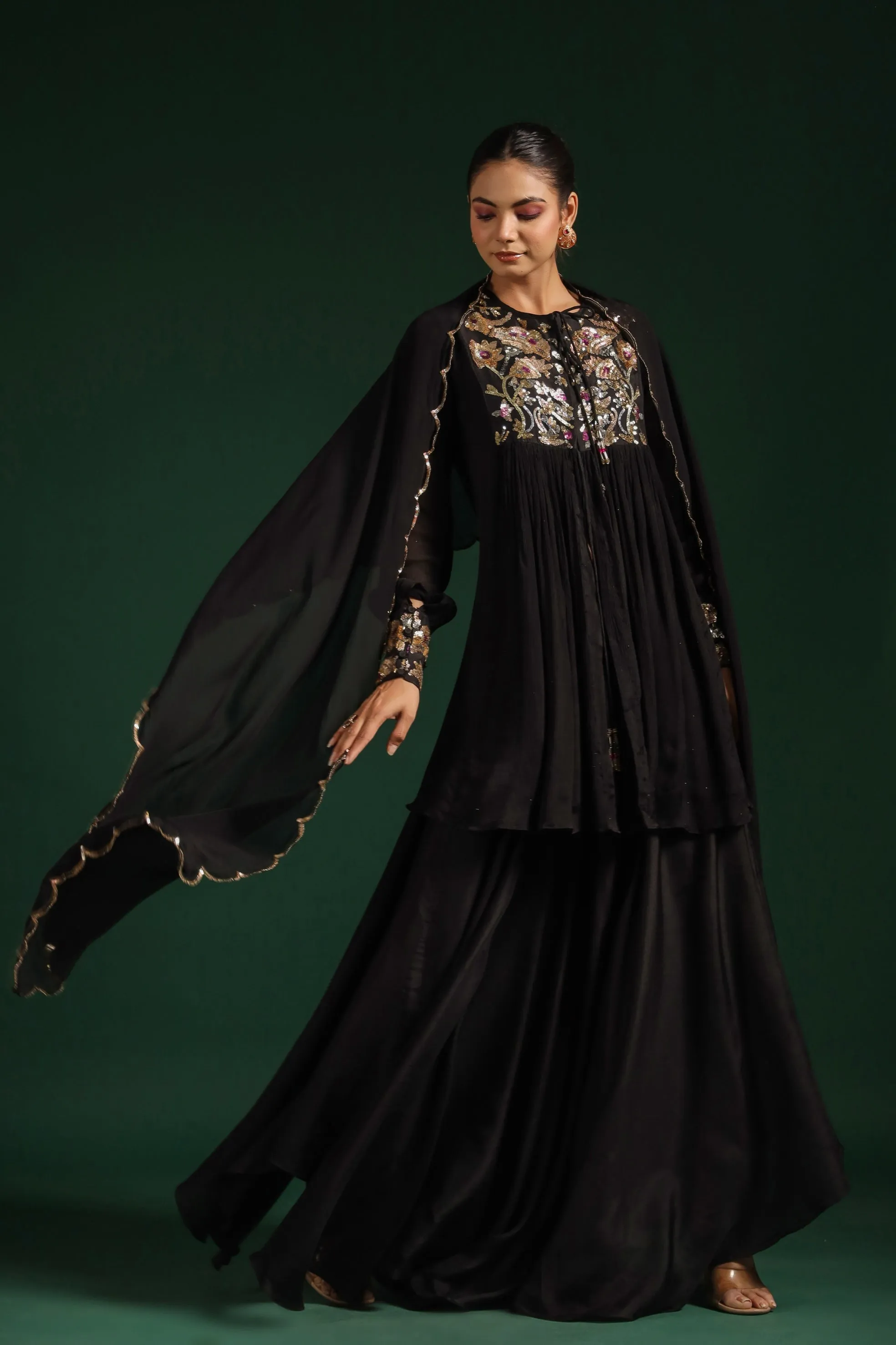 Black Embellished Premium Chinon Silk Skirt Set