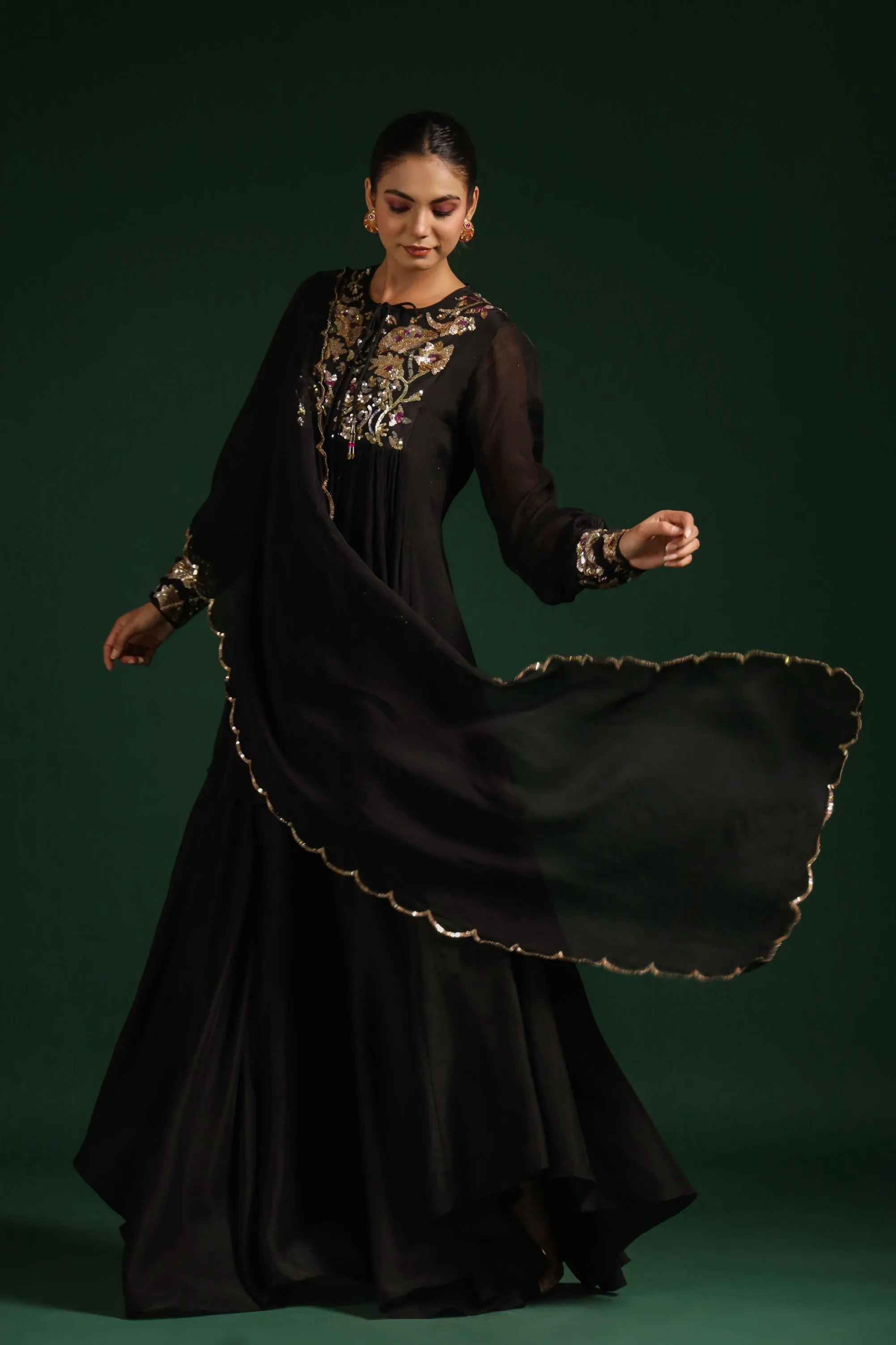 Black Embellished Premium Chinon Silk Skirt Set